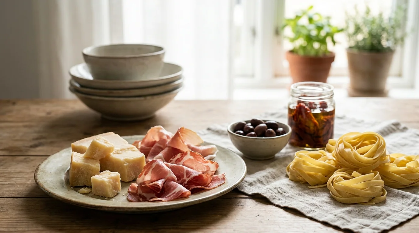 Charcuteries, fromages, olives et pâtes disposés sur une table