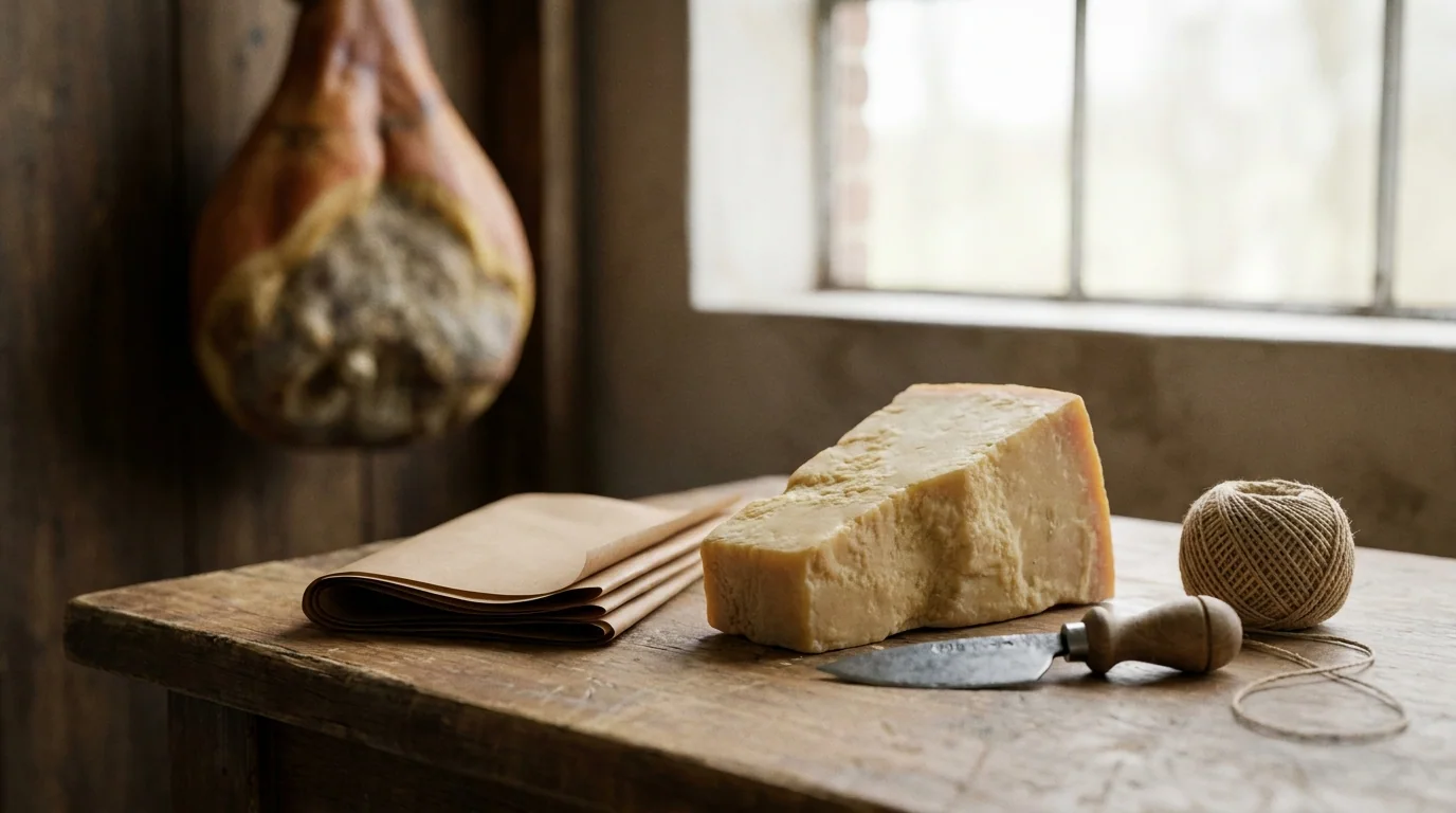 Fromage, papier d’emballage et ficelle sur une table en bois