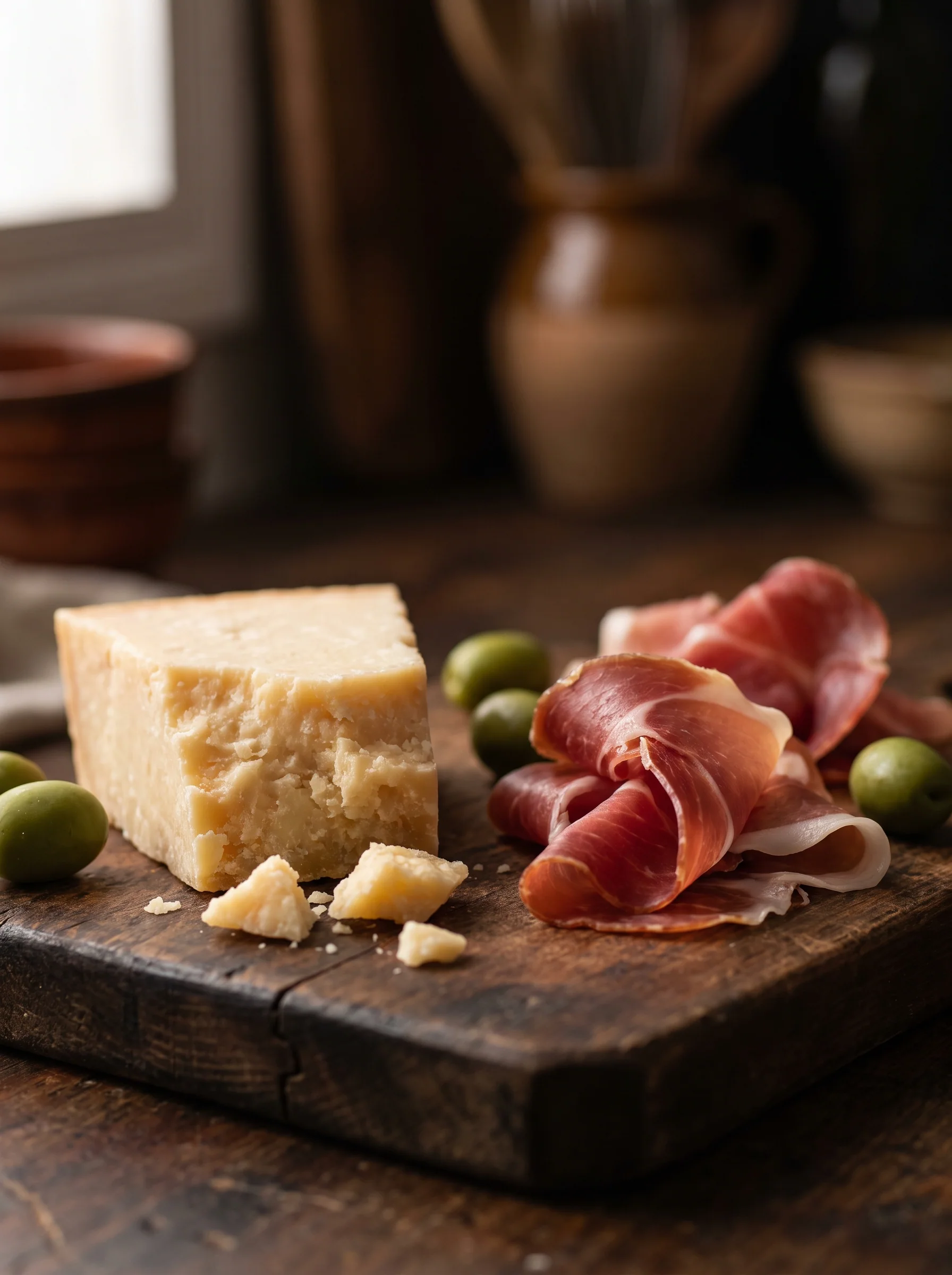 Parmesan, charcuterie italienne et olives disposés sur une planche