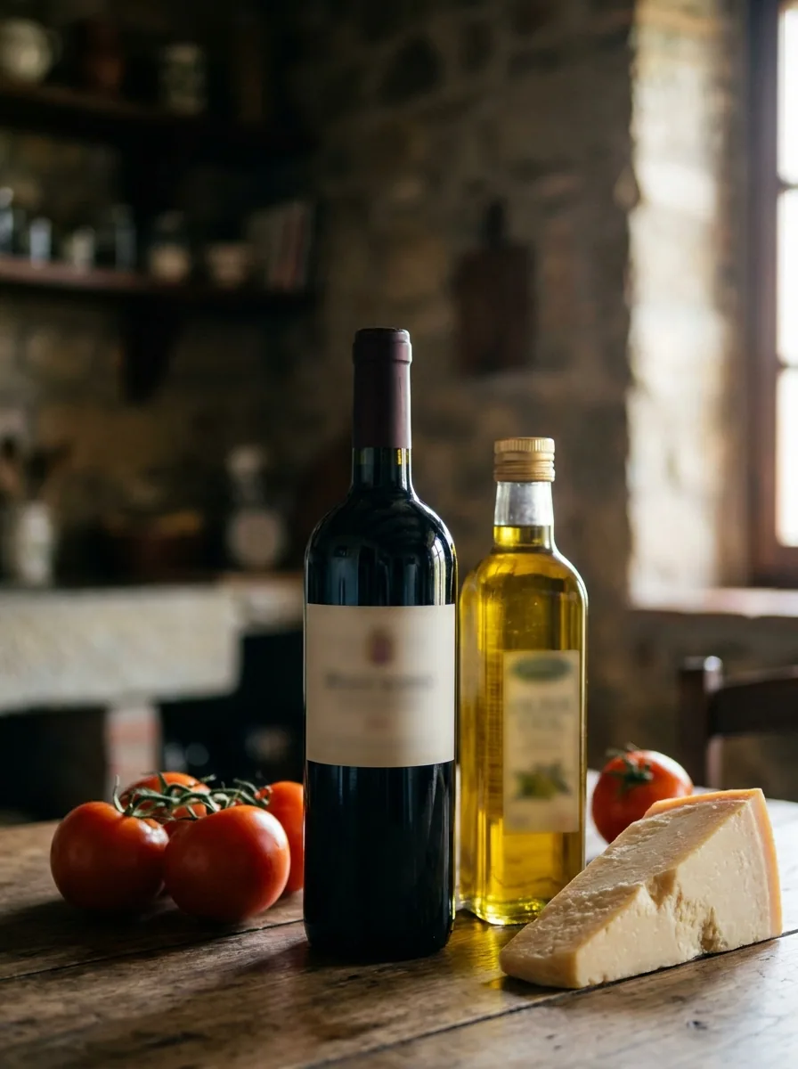 Bouteille de vin italien entourée de produits d’épicerie